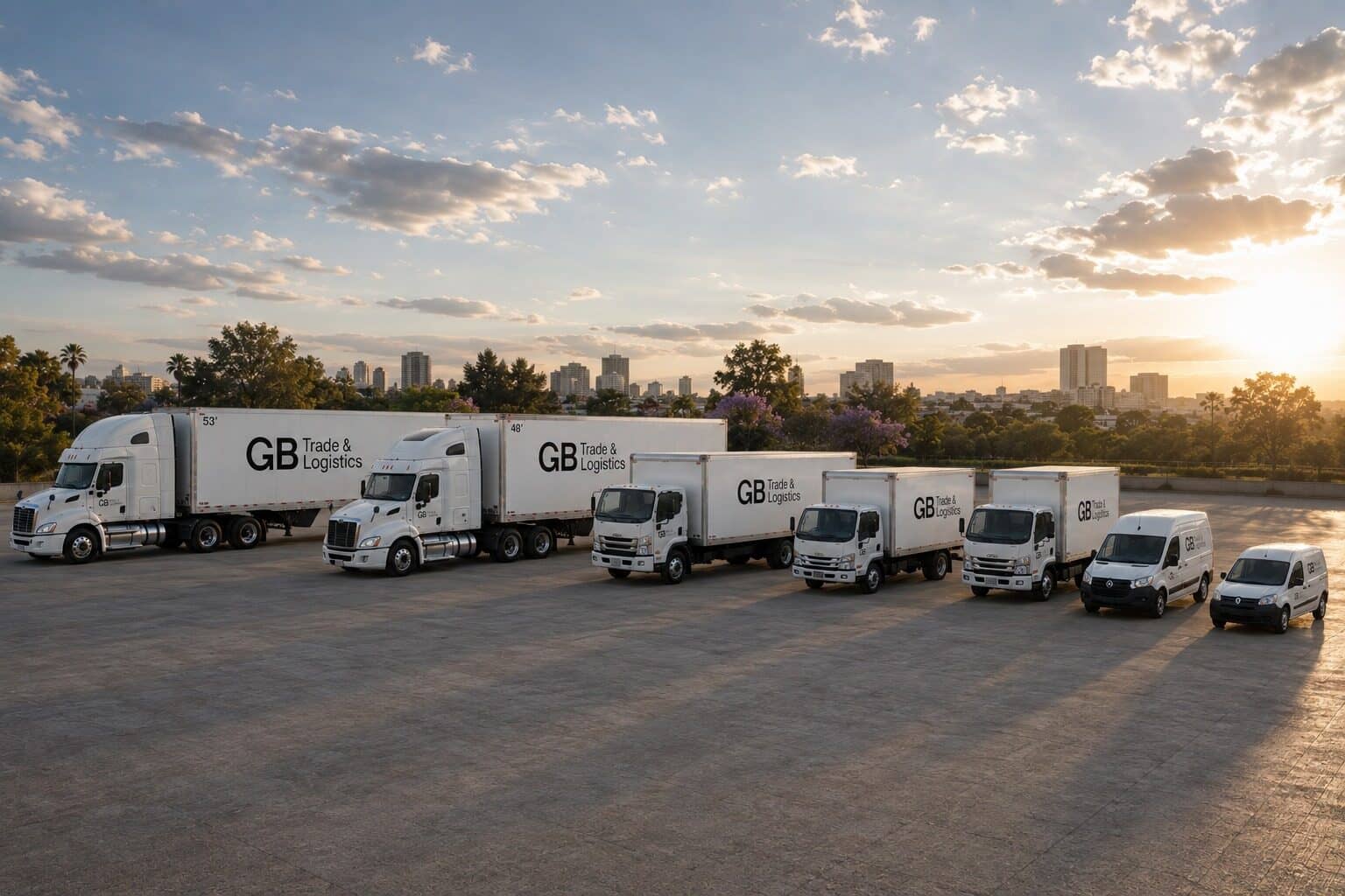 Flota de GB Trade & Logistics: tractocamiones, camiones de reparto y vans rotulados en patio