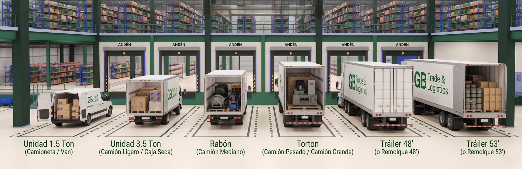 Andenes de un centro de distribución con las seis modalidades de GB Trade & Logistics cargando en paralelo: van de 1.5 toneladas, camión de 3.5, rabón, torton y tráileres de 48 y 53 pies