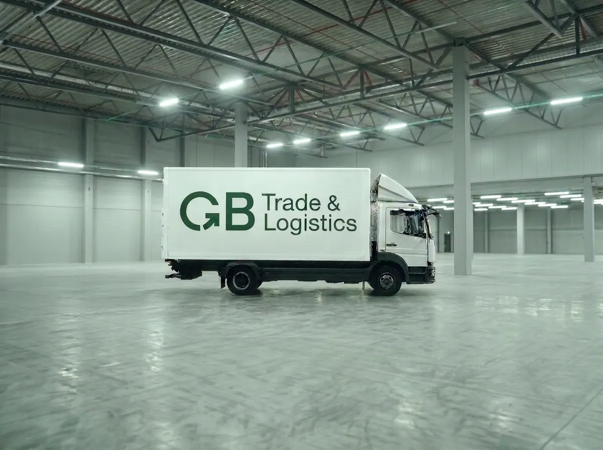 Camión rabón de caja seca blanca rotulado con el logo de GB Trade & Logistics, visto de perfil.