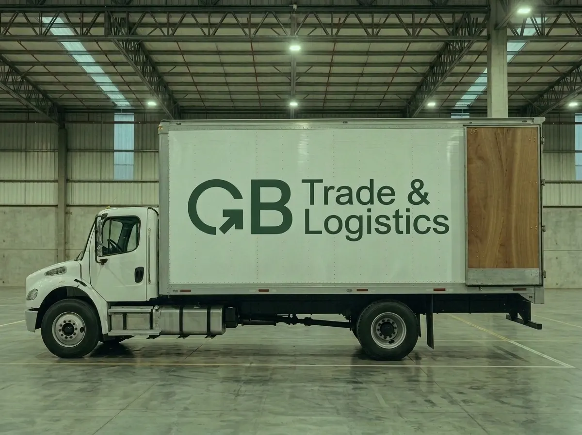 Camión torton de caja seca blanca rotulado con el logo de GB Trade & Logistics, visto de perfil.