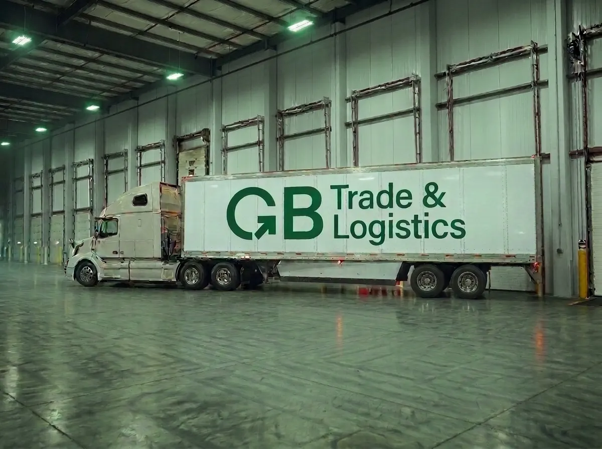Tractocamión con caja de 48 pies rotulada con el logo de GB Trade & Logistics, dentro de una nave.