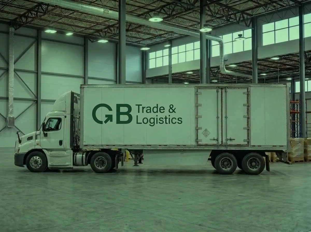Tractocamión con caja de 53 pies rotulada con el logo de GB Trade & Logistics, en un andén de carga.