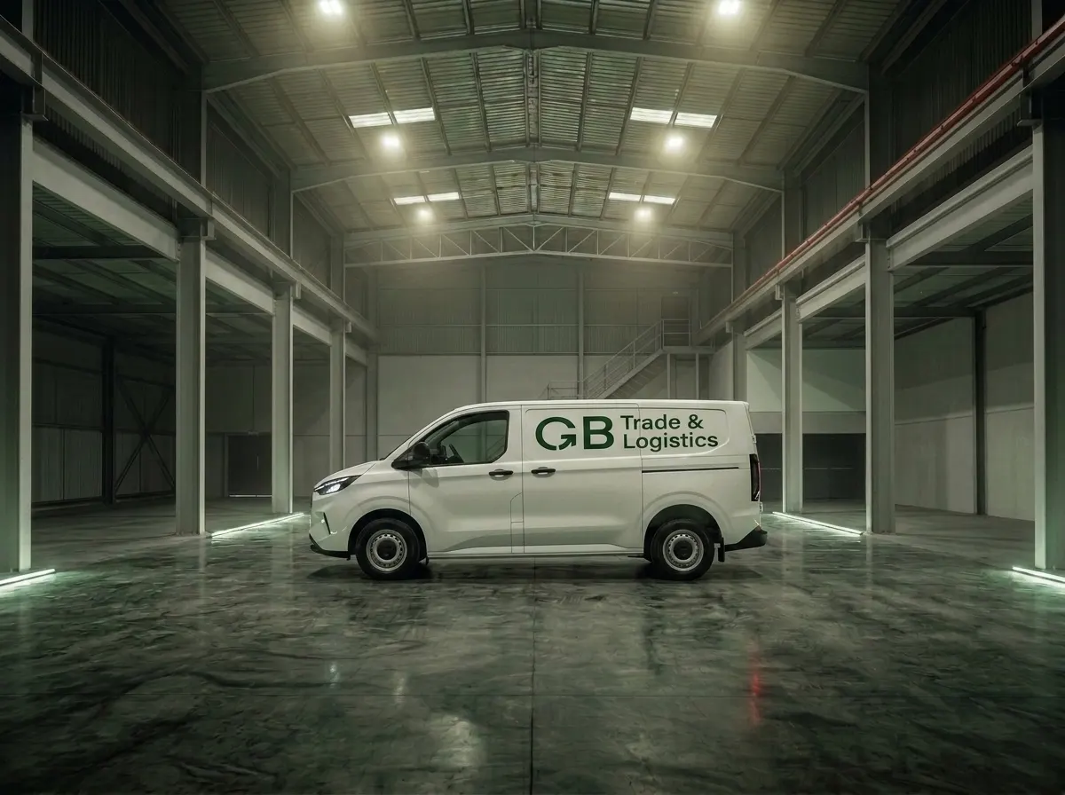 Camioneta van blanca rotulada con el logo de GB Trade & Logistics, dentro de una nave.
