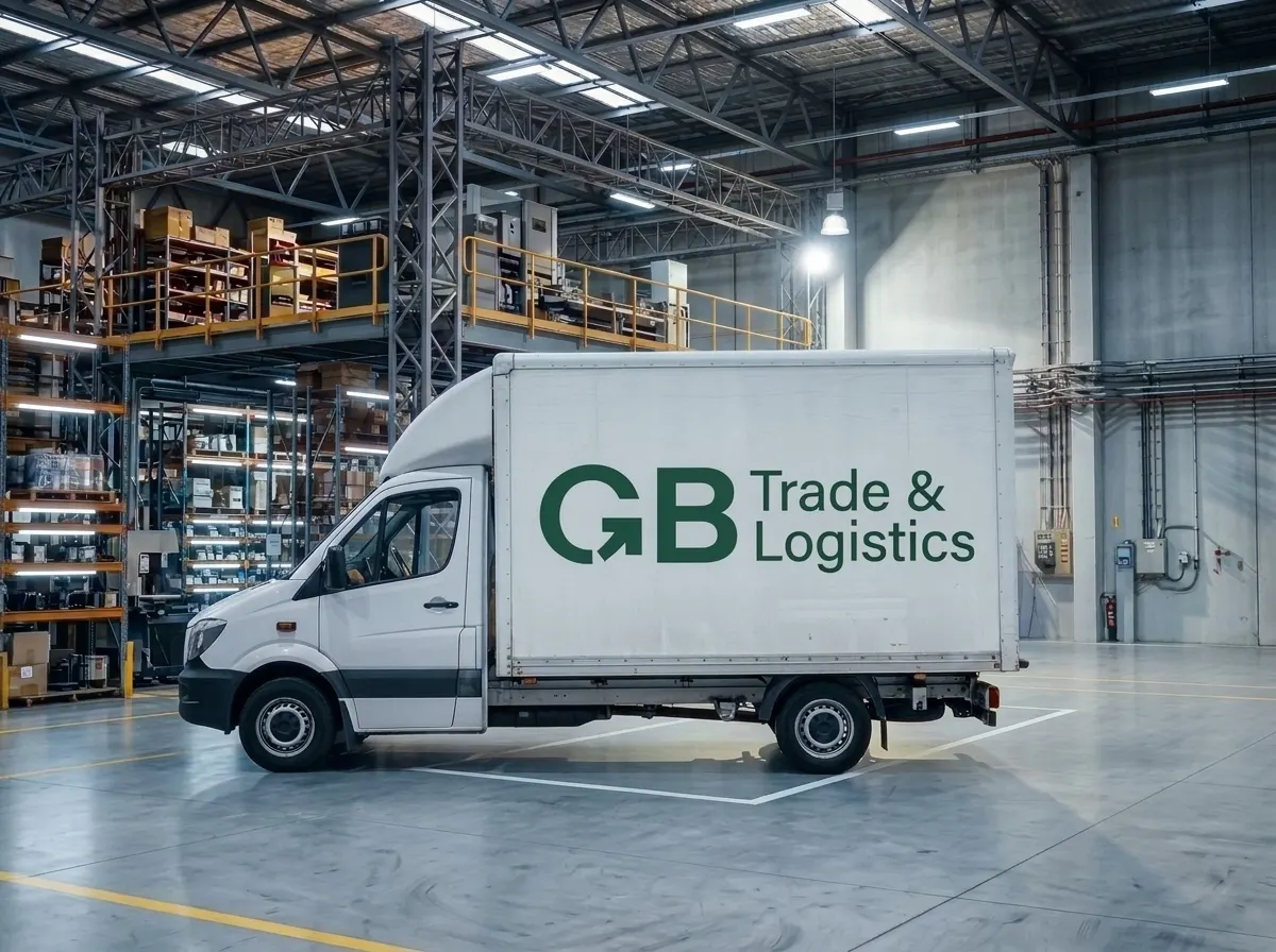 Camión de caja seca blanco rotulado con el logo de GB Trade & Logistics, junto a los racks de un almacén.